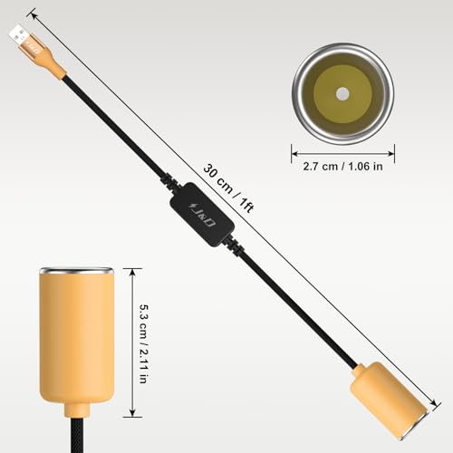 J&D USB A Male to 12V Car Cigarette Lighter Socket Female Converter Cable, 1 ft, 12V 18W Power Adapter, Compatible with Dash Cam, GPS, Car LED Light Strips, Yellow - color: Yellow, size: 1 Feet/ 30 CM