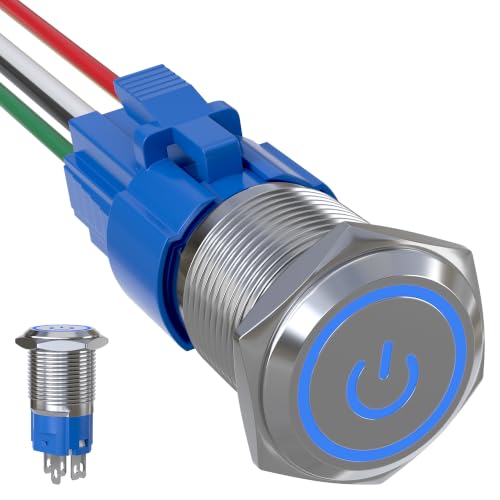 16mm Latching Push Button Switch 5A 12V Power Symbol LED Ring SPDT - color: Silver Shell-Blue