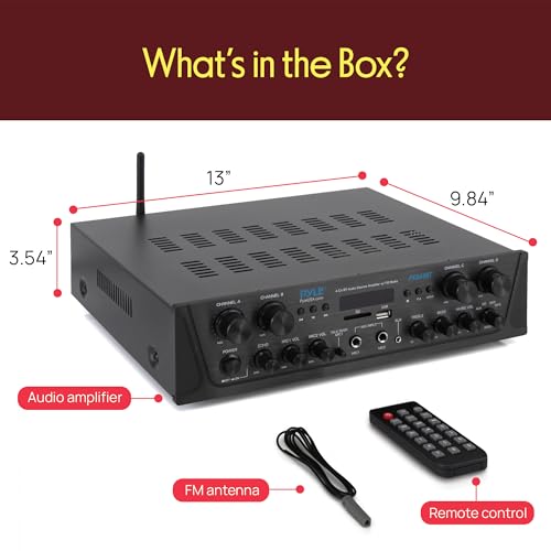 Pyle 4-Channel Audio Amplifier with Bluetooth - Home Stereo Receiver w/ 500W Max Power - Commercial or Karaoke - Dual Mic Input with Echo, Vol, Talk-Over - AUX In - Sub Out - USB-A MP3 Player, AM/FM