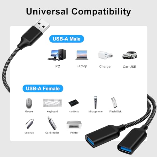 USB Splitter Cable, USB A Splitter 1 in 2 Out Adapter, Dual Port Hub for Data Transfer/Charging, Extra Extender Data Split Power Cord Extension for Car/Laptop/Mac/PC (Black) - style: cs-usb-2usb-black