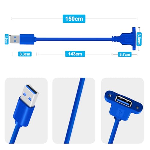 Panel Mount USB A 3.0 Extension USB Panel Mount Cable 5Gbps Data Transmit and Power Supply for Laptops PC, Car Boat Dashboard Panel (USB A Blue, 1.5 m/ 4.9 ft) - color: USB A Blue, size: 1.5 M/ 4.9 Ft
