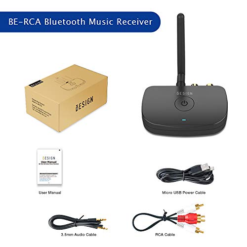 Besign BE-RCA Long Range Bluetooth Music Receiver, Wireless Audio Adapter for Wired Speakers or Home Music Streaming Stereo System, Black