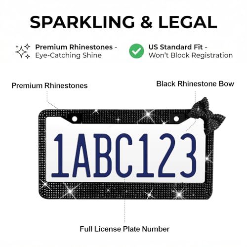 Wanheart 1 Pack Black Bling License Plate Frame, Upper Right Black Bow - color: Black Frame + Black Bow