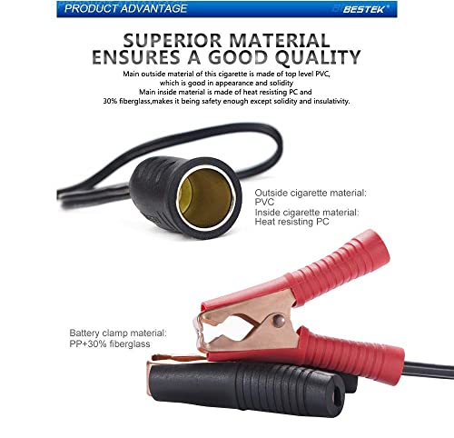 BESTEK 12V 24V Extension Cord Plug Socket with Battery Clamp, 3.9ft/1.2m 16AWG Battery Clip-On Car Cigarette Lighter Adapter