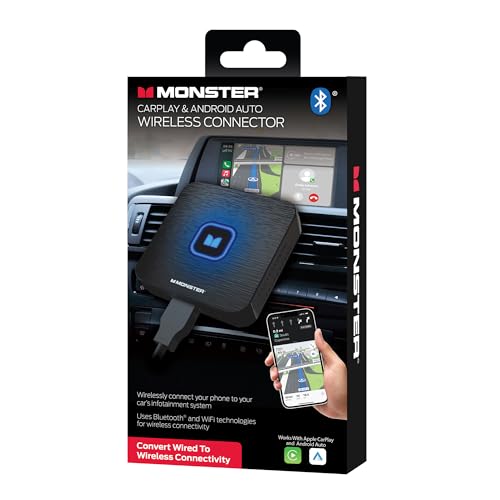 Monster Wireless CarPlay Adapter, Wireless Android Auto Adapter, Convert Wired to Wireless CarPlay & Android Auto, Compact Dongle for Factory Wired CarPlay Cars, USB-C & USB-A Cables Included