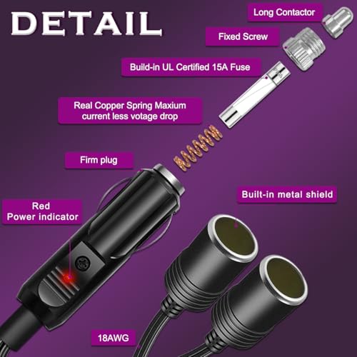 1 to 2 Car Cigarette Lighter Splitter 12V-24V DC Dual Power Charger Port 11 Inch UL Extension Wire 2 Way Y Adapter with 15A Fuse Dust Cover Cable Ties for RV Truck Boat