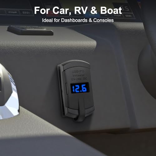USB Rocker Switch Outlet with Voltmeter, USB-C PD & USB-A Fast Charging Panel Mount for 12V/24V Car, RV, Boat