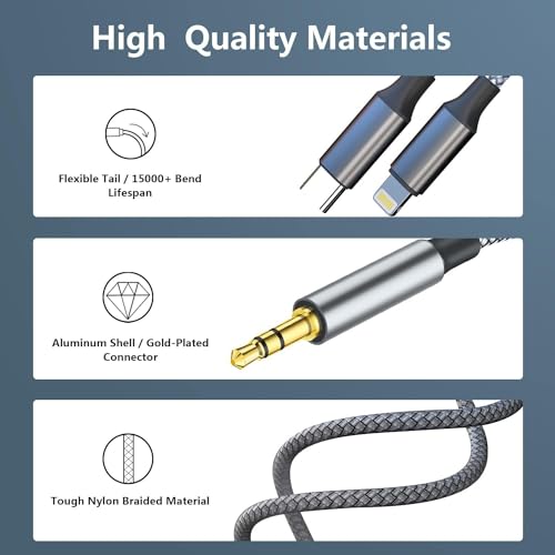 Aux Audio Cable for iPhone, 2 in 1 USB C to 3.5mm Aux Audio Lightning to 3.5mm Audio Cable Fit with iPhone 17 16 15 Plus/14/13/12/11/XR, Galaxy S24/S23/S22, Pixel 8/7/6, iPad to Car Stereo Speaker 4FT - color: Grey