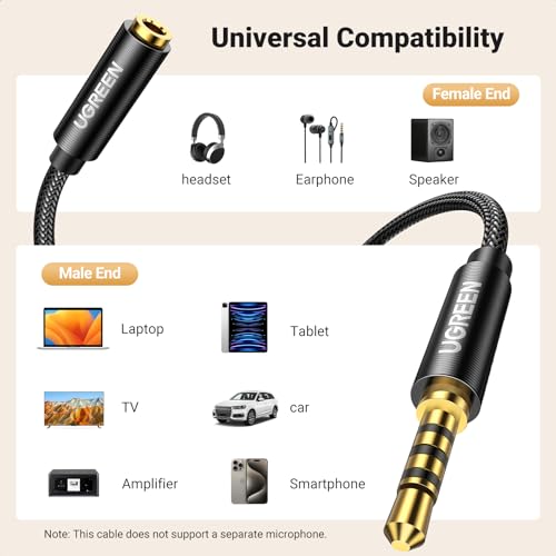 UGREEN Headphone Extension Cable 3.5mm Aux 4 Pole TRRS Stereo Cord 6.6FT - size: 6.6FT