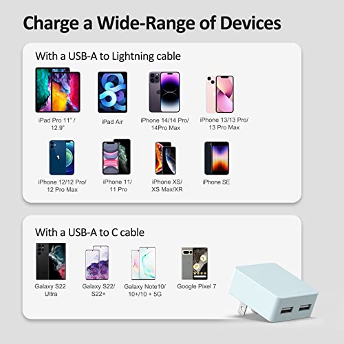 Nekmit Flat USB Wall Charger, Dual Port Slim USB Wall Charger with Smart IC for iPhone 14/14 Pro/14 Pro Max/13/13 Pro/13 Pro Max/12/12 mini/12 Pro, Galaxy, Pixel, iPad Pro, AirPods and More, Blue - color: Blue