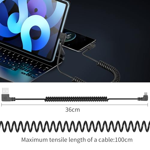 YACSEJAO Coiled Micro USB Cable, USB 2.0 to Micro USB 90 Degree Sync Charging and Data Transfer Spring Coiled Cord for Smartphone Tablet Wall and Car Charger (Dual Right)