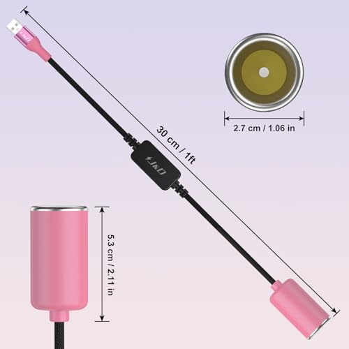 J&D USB A Male to 12V Car Cigarette Lighter Socket Female Converter Cable, 1 ft, 12V 18W Power Adapter, Compatible with Dash Cam, GPS, Car LED Light Strips, Pink - color: Pink, size: 1 Feet/ 30 CM