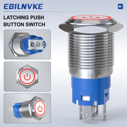 16mm Latching Push Button Switch 5A 12V Power Symbol LED Ring SPDT - color: Silver Shell-Red