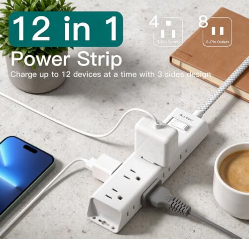 White Braided Power Strip Surge Protector with 12 Outlets - color: White&Gray, size: 10 Ft