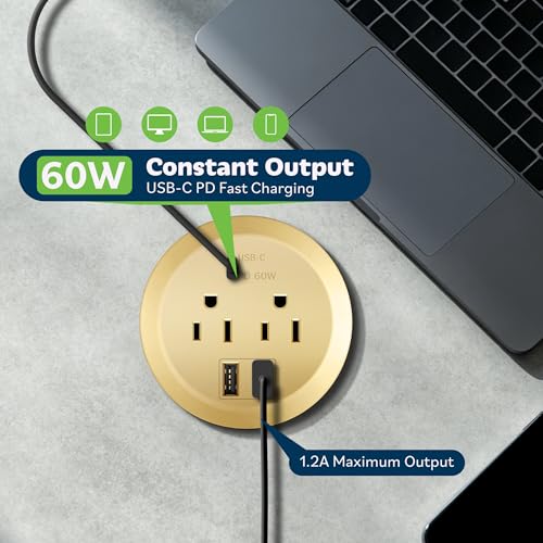 TOPGREENER Gold Desktop Power Grommet, Recessed Power Strip with GaN 60W PD - color: Gold