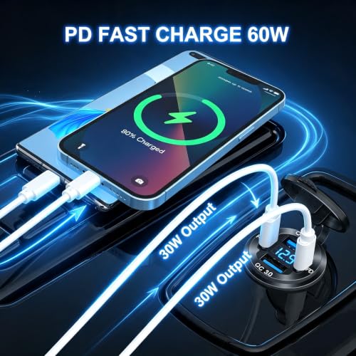 78W 4 Port 12V USB Outlet Car Charger,Dual PD & QC Multiple USB Port for Car, USB C Cigarette Lighter Replacement 12 Volt Socket with Voltmeter Waterproof for Marine Boat Motorcycle RV