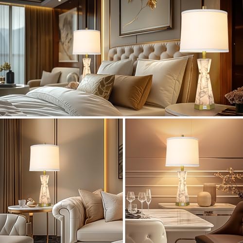 Scenekoy 27" Modern Alabaster Table Lamp Set of 2 with Night Light, USB A+C - color: White
