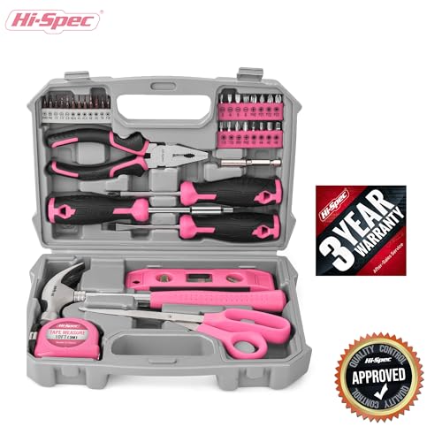 Hi-Spec Tool Kit, General Household Hand Tool Set with Toolbox Storage Case, All-in-One Compact Toolkit for DIY & Dorm Use, Pink - color: Pink