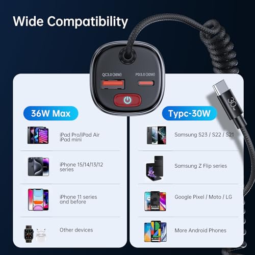 Syncwire USB C Car Charger 66W Super Fast Car Adapter with 6FT Coiled Cable - size: 6 feet