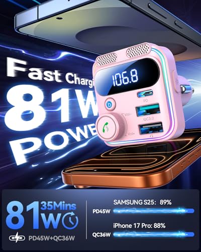 JOYROOM 81W Bluetooth 6.0 Car Adapter FM Wireless Radio Transmitter - Pink - color: Pink