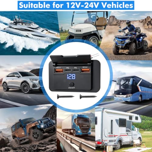 2 Pack 72W 12V USB Outlet Panel Wall Mount Dual PD3.0 & Dual 18W QC3.0 Fast Charging,4 Port Charger Socket Surface Mount with LED Voltmeter and Button Switch for Boat Bus Marine Motorcycle Cart Truck - color: 2Pack