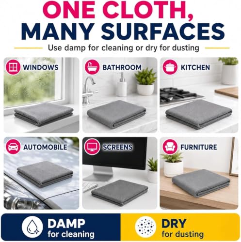 Genie Cloth Magic Cloth, Thick Microfiber, Streak‑Free for Windows & Glass, 5-pack for mirrors, Glass, Window, Kitchen, Stainless Steel, Cars & Screens Lint Free Microfiber Cleaning Cloths