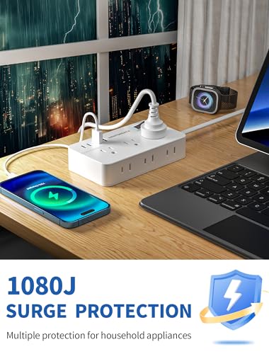 Surge Protector Power Strip - 5Ft Braided Extension Cord Flat Plug with 6 Outlets and 2 USB-A 2 USB-C Ports, 1080 Joules Wall Mounted Charging Station for Office Home ETL (5 FT) - size: 5 ft