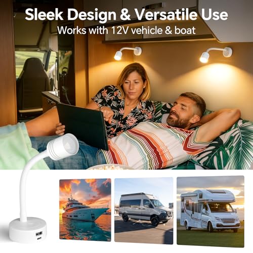 12V Dimmable Reading Light, RV LED Lamp with USB-A & USB-C Charger - color: White
