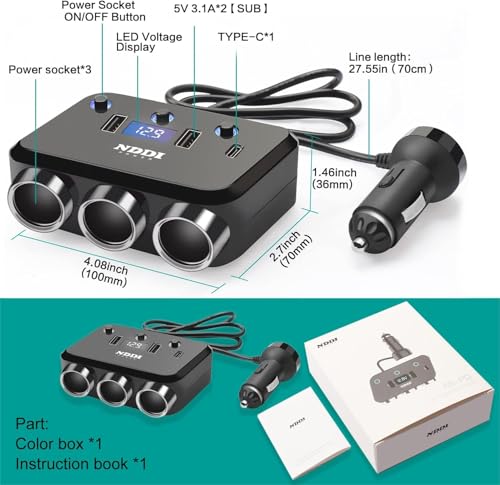 BYGD 110W Car Splitter, 3 Cigarette Socket Adapters, 3 USB Ports, 4-in-1