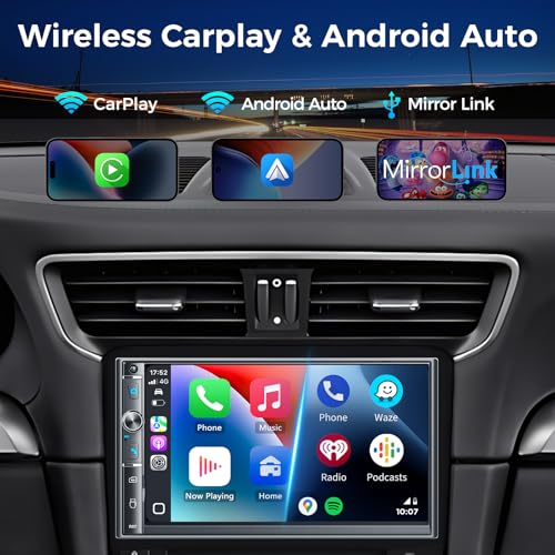 Double Din Car Stereo with 7" HD Touchscreen, Wireless Apple Carplay & Android Auto, Bluetooth, 240W, SWC, Subwoofer Output, Mirror Link, FM/AM Car Radio Receiver, Backup Camera - style: Volume knob + 2 physical buttons