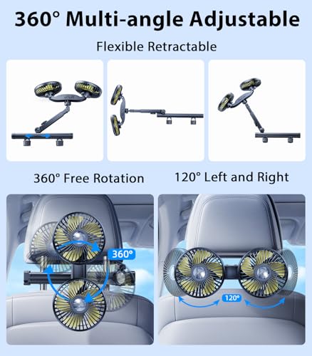 Long Arm Dual Head Car Cooling Fans for Back Seat for Kids, Battery Powered Rechargeable 5V/12V/24V Car Backseat Headrest Fan for Baby Rear Facing Car Seat Cooler That Blow Cold Air for Vehicle - style: Battery Powered-Long Arm