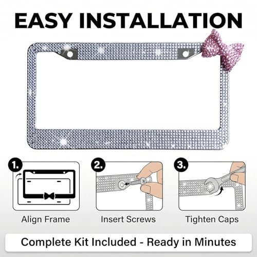Wanheart 1 Pack White Bling License Plate Frame with Pink Corner Bow - color: White Frame + Pink Bow