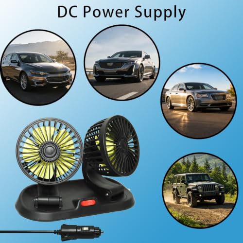 12V Dual Head Car Cooling Fan, Brushless Motor, 2 Speed, 360° Rotation, Dashboard Mount, Cigarette Lighter Powered, for Cars, SUVs, Trucks, RVs & Vans - color: 12V