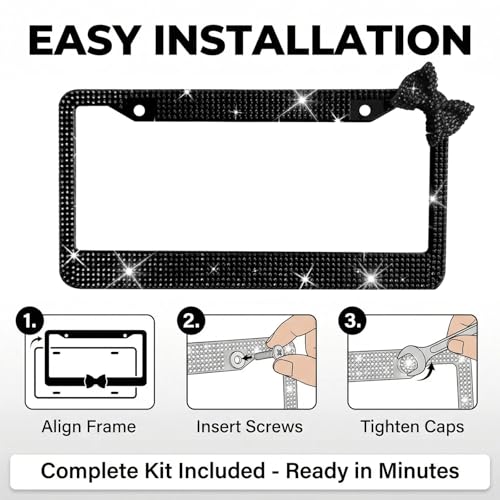 Wanheart 1 Pack Black Bling License Plate Frame, Upper Right Black Bow - color: Black Frame + Black Bow