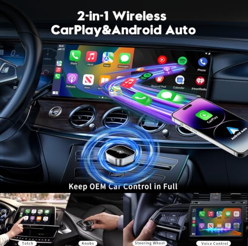 2 in 1 Wireless CarPlay and Android Auto Adapter,Convert Wired to Wireless Apple CarPlay Adapter,Easy Setup Plug and Play,Fast, Reliable & Super Easy to Use,Compact&Sleek Design Supports 1000+ Car