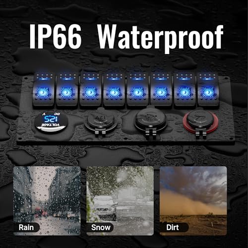 RVBOATPAT Marine Boat Switch Panel Waterproof 8 Gang 12V Rocker Switch Panel 12 Volt Toggle Switch Panel Blue LED Lighted for Automotive Car Truck - style: 8 Gang Switch Panel