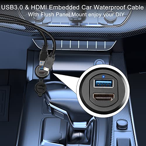 QIANRENON USB3.0 & HDMI Embedded Car Waterproof Cable USB3.0+HDMI 1.4 Threaded Fixed Mount Data Extension Cable, LED Light, Aluminum Housing, for Dashboard Car Boat Motorbike, 2M/6.5ft