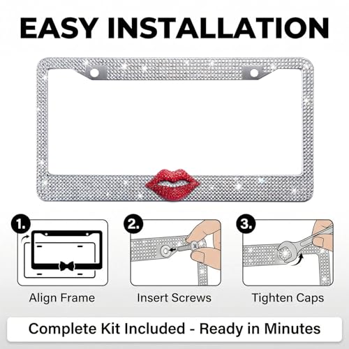 White Bling License Plate Frame for Women, Red Rhinestone Lips - color: White Frame + Red Lip