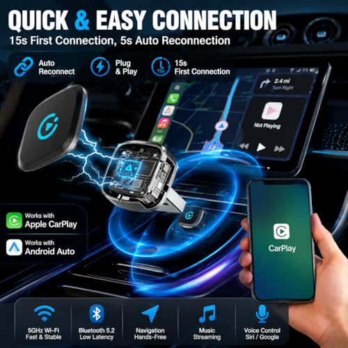 Wireless CarPlay Adapter, 2026 Upgraded Wired to Wireless for Apple CarPlay & Android Auto, Mini USB Design Car Play Adapter with Type-C Extension, Plug and Play, Stable Connection & No Latency