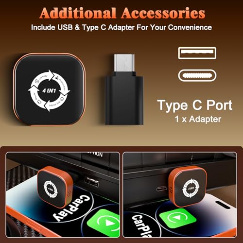 4 in 1 Wireless CarPlay Adapter with Screen Mirroring – Supports Apple CarPlay & Android Auto & AirPlay & MirrorLink, 2026 Upgraded screen mirroring dongle for car, USB-A/USB-C Connection, Plug & Play