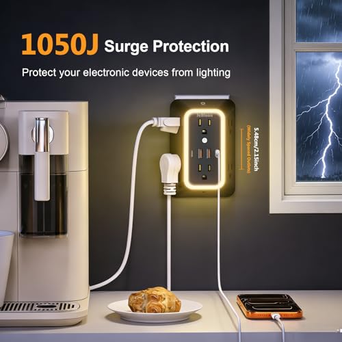 Wall Outlet Extender with Night Light, Power Plug Adapter 6 Outlet Extender with 4 USB Charging Ports(2 USB C),1050J Power Strip Multi Plug Adapter Spaced for Home Office Travel-Black-ETL - color: Black-1Pcs