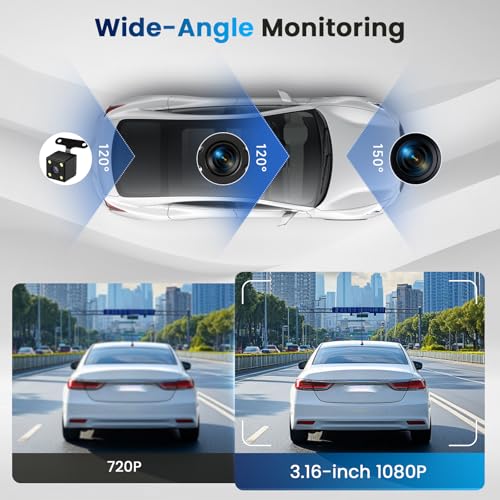3.16-inch 1080P Dash Cam Front and Rear Inside Left/Right, 4 Channel Dash Camera for Cars, IR Lamp Night Vision Loop Recording Motion Detection Reversing Assistant+ 64GB SD Card