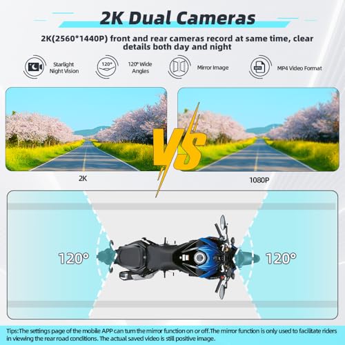 VSYSTO Motorcycle Dash Camera 2K Front and Rear Camera, 5G WiFi High Speed Download Video, Wired Controller, Starlight Night Vision Waterproof Motorbike Camera System, G-Sensor (Black-D6WL) - color: Black-D6WL
