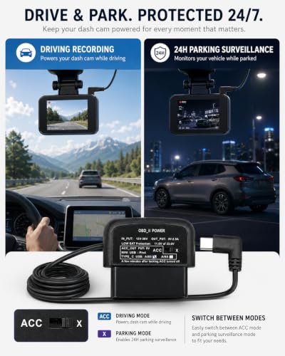 OBD2 to USB C, OBD2 Dash Cam Power Cable with Acc Detection Hardwire Kit