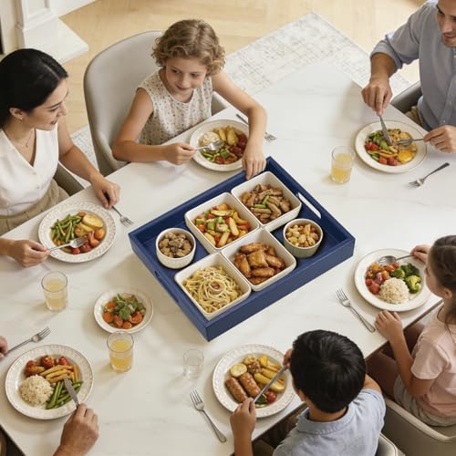 20 x 14 inches Leather Rectangle Serving Tray with Hole Handles,High-End Light Large Service Tray for Ottoman Tray, Tea, Food, Butler - Countertop, Kitchen,Family Dinner, Picnic (Blue) - color: Blue, size: 20" x 14" x 2"