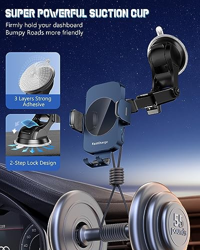 BothLin 3-in-1 Wireless Car Charger Mount, 15W Fast Charging Auto-Clamping Phone Holder for iPhone 17 16 15 14, Samsung Galaxy S24 S23, Dashboard, Vent & Windshield Car Mount - color: Deep Blue