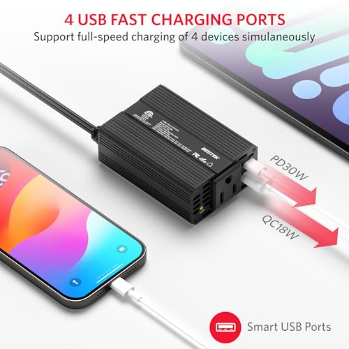 BESTEK Power Inverter DC 12V to AC 110V - 200W Car Plug Adapter Outlet PD 30W USB-C & QC18W USB-A Fast Charging Port - Car Charger Cigarette Lighter Adapter for Phone, Laptop - ETL FCC Certified - color: Matt Black
