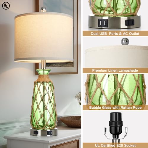 Ruzectt 25.5" Green Glass Table Lamps Set of 2, 3-Way Dimmable Touch Control Bedside Lamps with 2 USB Ports and AC Outlet, Coastal Nightstand Lamp for Bedroom Living Room (LED Bulbs Included) - color: Green