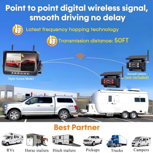 RV Backup Camera with Solar Magnetic - 50 FT Long Distance No Signal Delay - size: 7.1" RV Trailer Backup Camera
