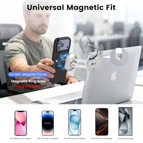 Magnetic Laptop Phone Mount with 15W Fast Wireless Charger, Compatible for iPhone 12-17 Series & All Phones, Adjustable Laptop Phone Holder for Tesla Model 3/Y/S/X Desktop Screen Stand - color: Sliver
